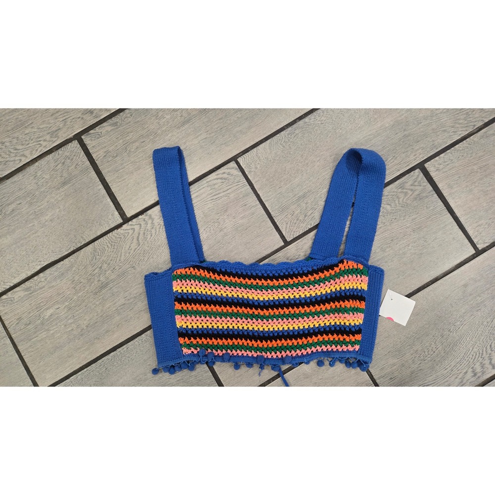 Capsulle The Zodiac Collection Striped Crochet Knit Crop Top Blue Multi Large